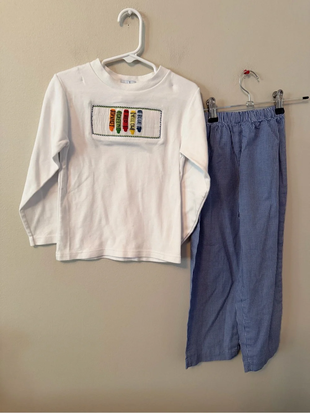 Vive La Fete Smocked Crayon Top with Blue Gingham Pants